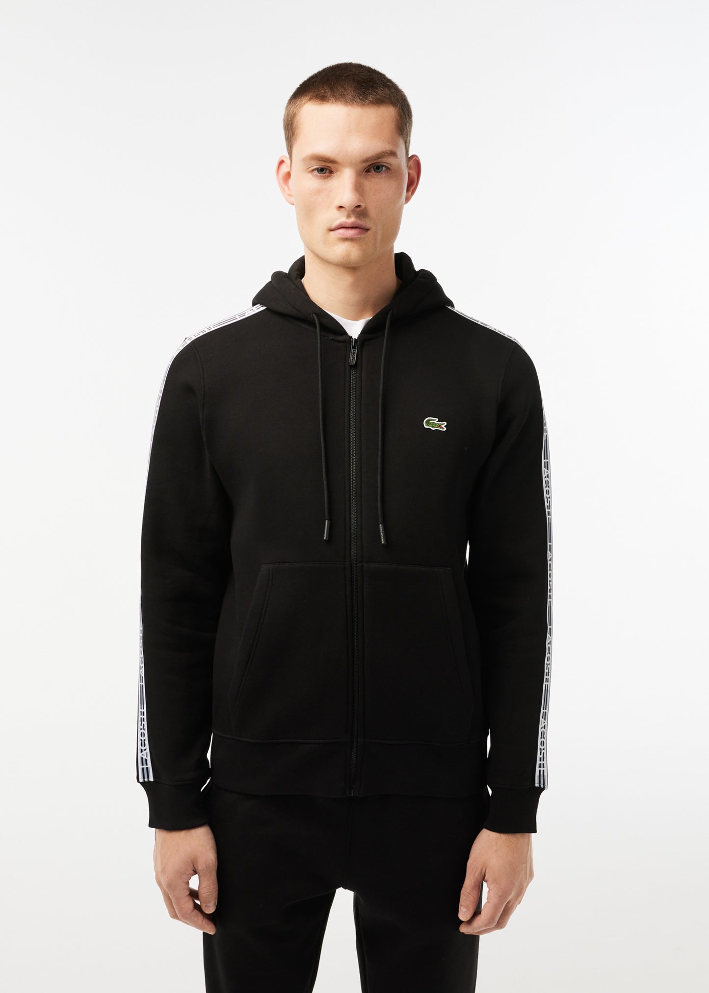 Lacoste Vesten Contrast stripe zip through hoodie - black