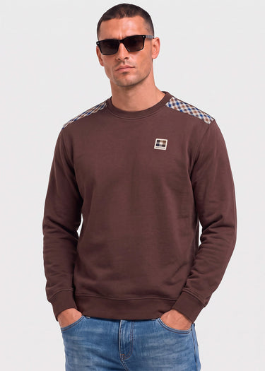Aquascutum Truien Check shoulder crewneck fleece - chocolate