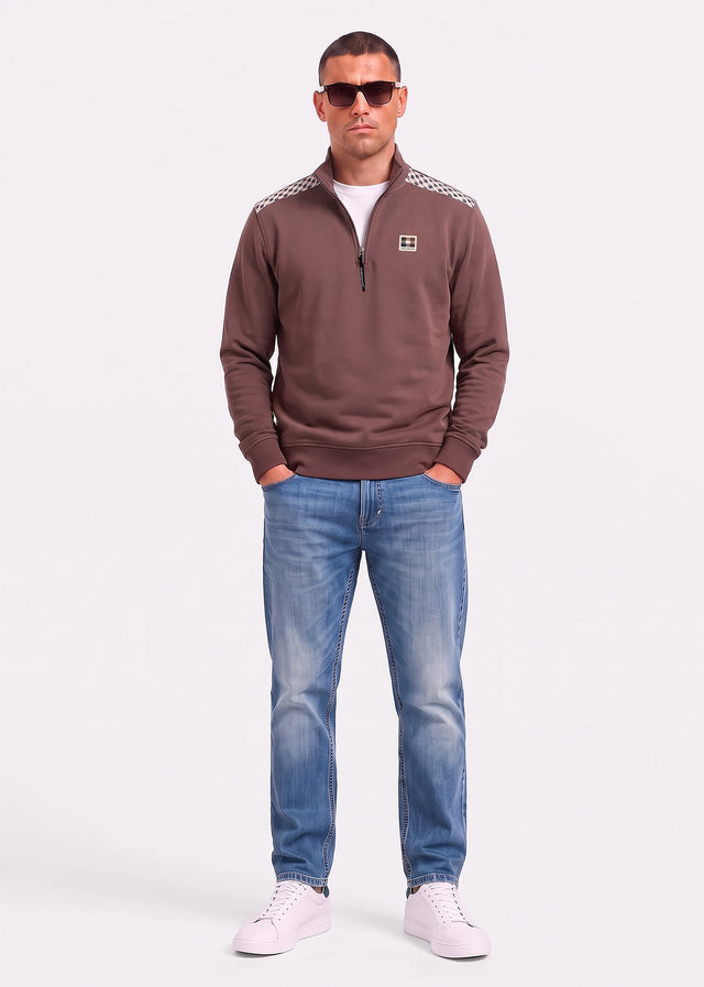Aquascutum Truien Check shoulder quarter zip fleece - chocolate