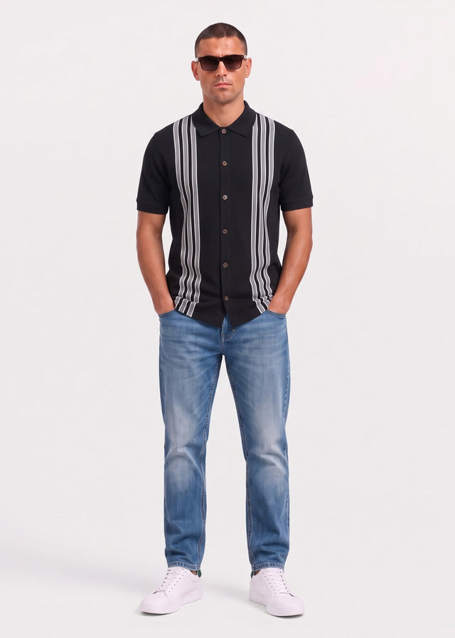 Ben Sherman Polo's Birdseye stripe button through polo - black