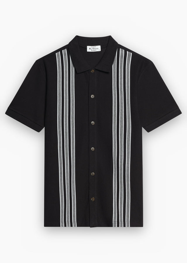 Ben Sherman Polo's Birdseye stripe button through polo - black