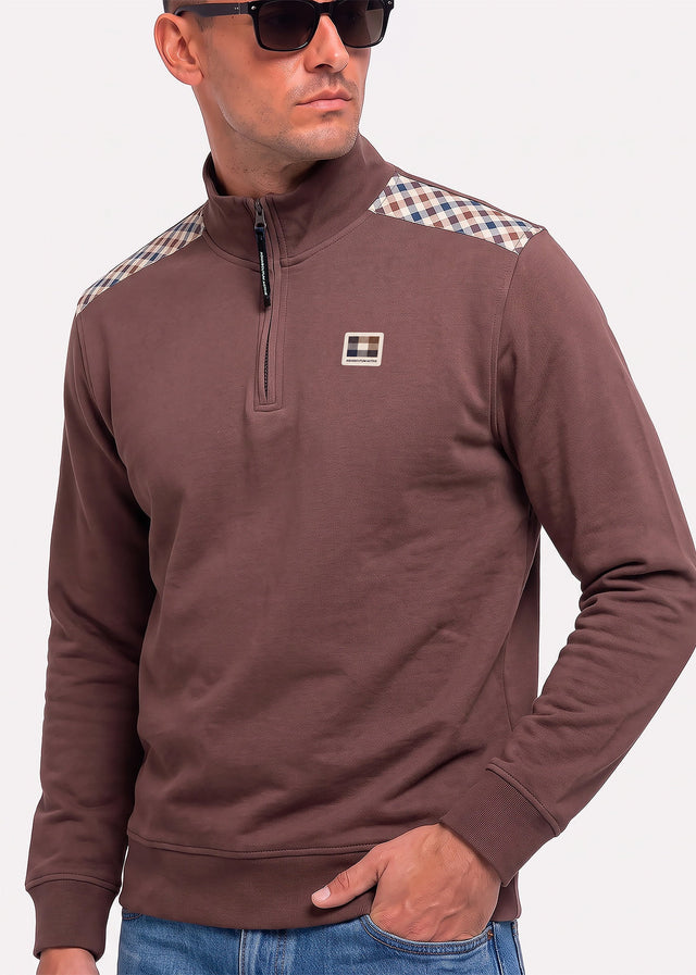 Aquascutum Truien Check shoulder quarter zip fleece - chocolate