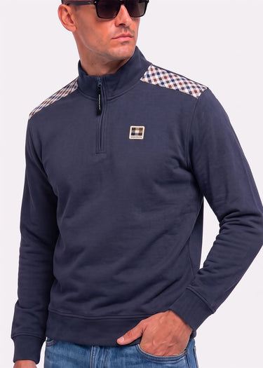 Aquascutum Truien Check shoulder quarter zip fleece - navy