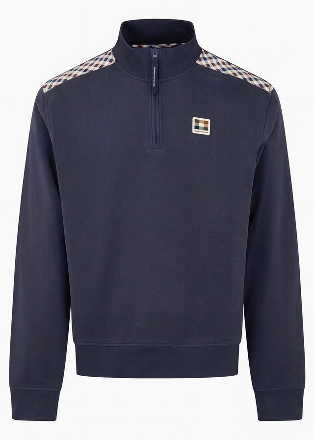 Aquascutum Sweaters Check shoulder quarter zip fleece - navy