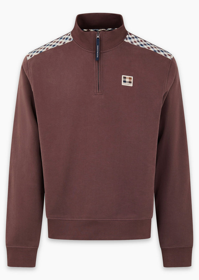 Aquascutum Truien Check shoulder quarter zip fleece - chocolate