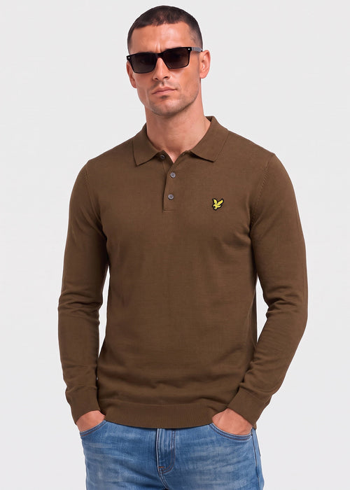 Cotton merino long sleeve knitted polo - sepia brown