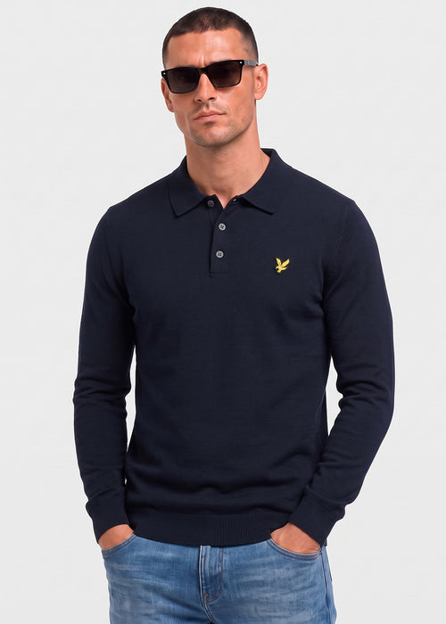 Cotton merino long sleeve knitted polo - dark navy