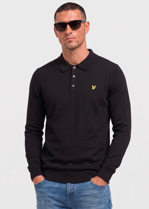 Cotton merino long sleeve knitted polo - jet black