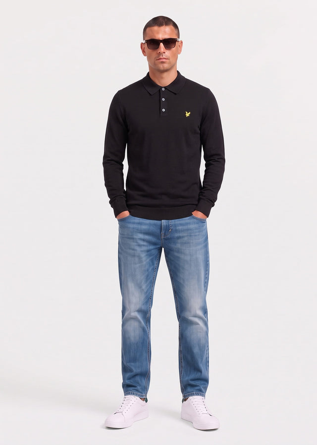Lyle & Scott Longsleeve Polo's Cotton merino long sleeve knitted polo - jet black